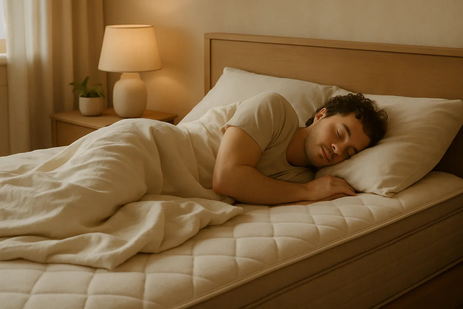 Man sleeping soundly on beige mattress and pillow in cozy bedroom with warm lamp light