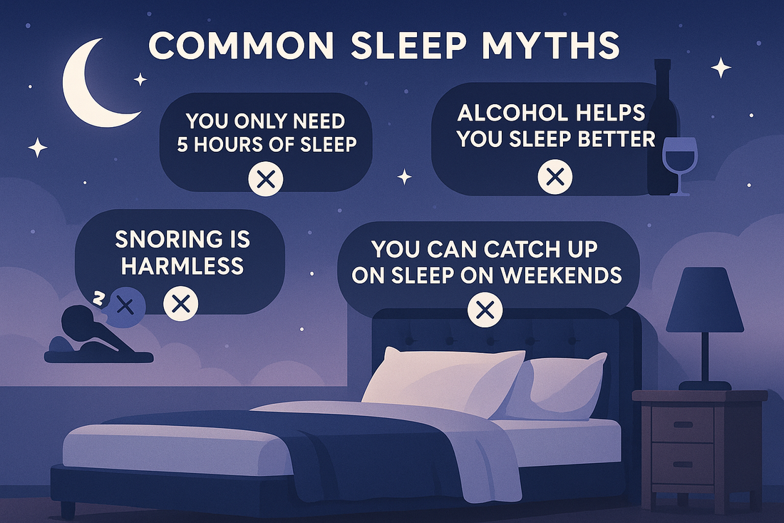 Illustration of a bedroom at night with common sleep myths: 5 hours sleep, alcohol helps sleep, snoring harmless, catch up sleep weekends