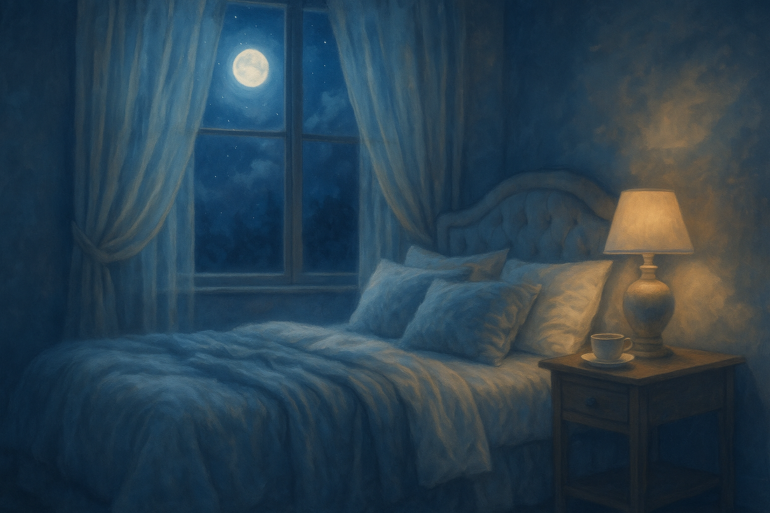 Cozy bedroom at night with a lit bedside lamp, plush bed, and full moon visible through window