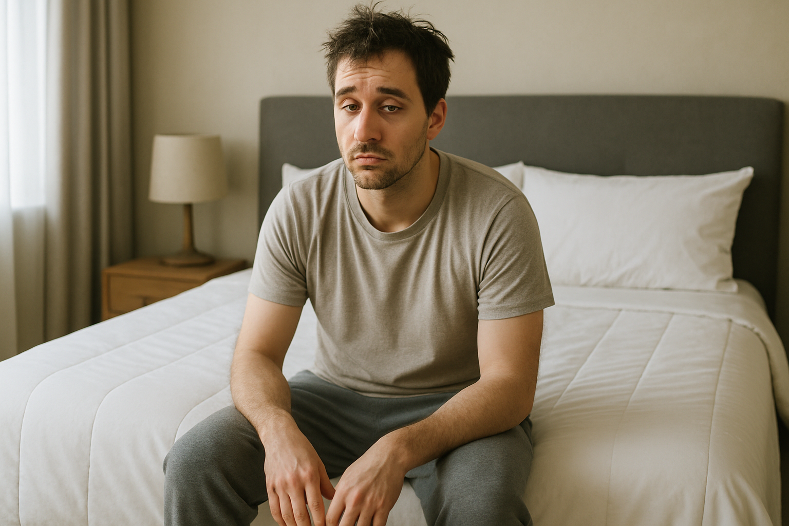Tired man in gray clothes sitting on a white bed in a minimal bedroom with soft natural light